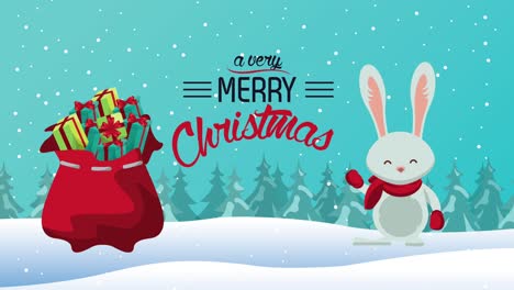 feliz navidad tarjeta de letras con conejo y bolsa de regalos