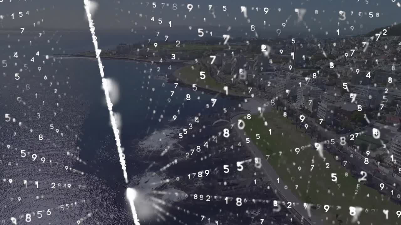 анимация передачи данных по городскому пейзажу