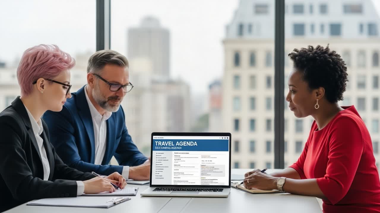 Business Meeting Focused on Travel Agenda Planning with Team Members Collaborating and Taking Notes in a Modern Office Setting