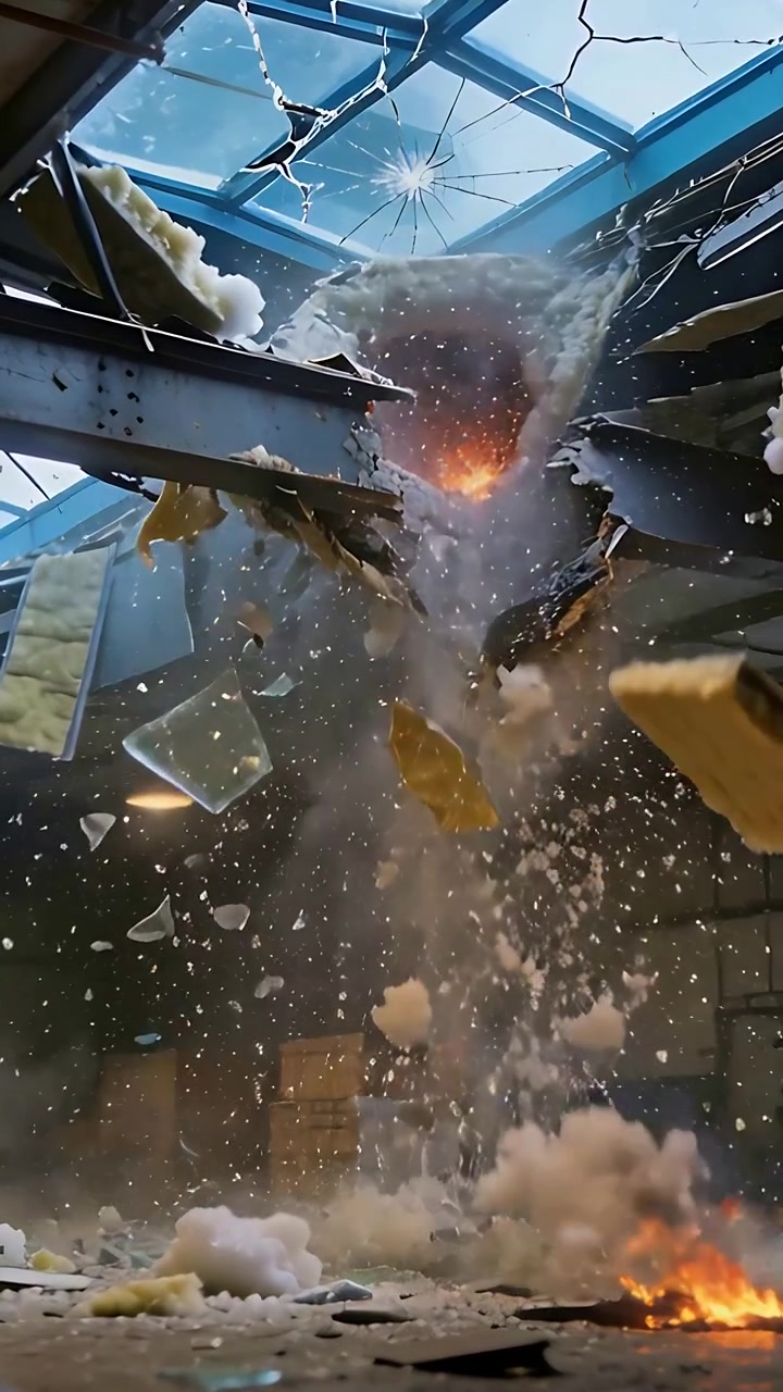 Vertical video: Bursting skylight at warehouse roof, sending glass, insulation, igniting boxes
