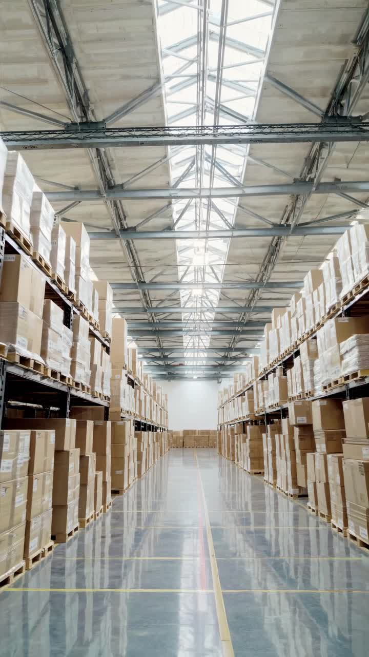 Wide-angle shot of a modern warehouse with stacked boxes, showcasing industrial organization