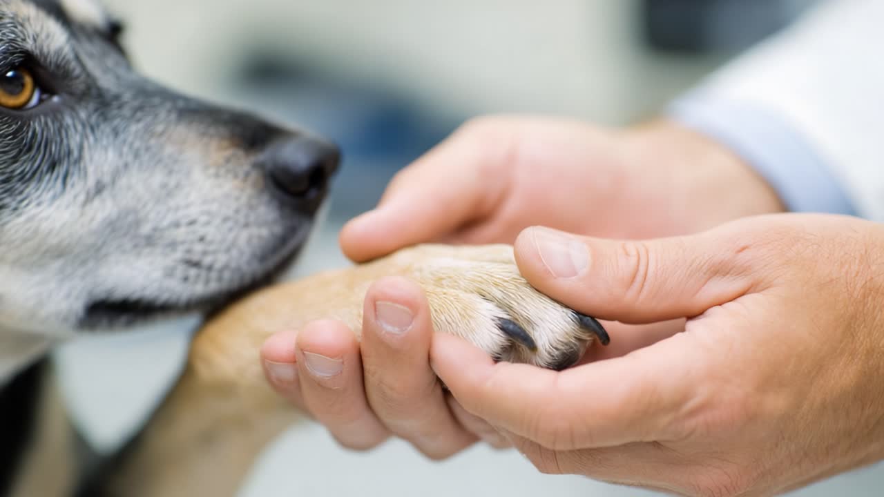 A Tender Moment: A Close-Up of a Person Gently Holding a Dog's Paw, Capturing the Affectionate Bond Between Humans and Their Beloved Pets