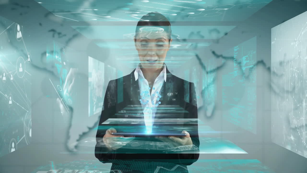 Using digital tablet, businesswoman viewing animation with futuristic data in office