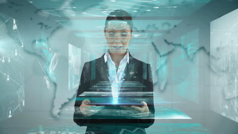 using digital tablet, businesswoman viewing animation with futuristic data in office