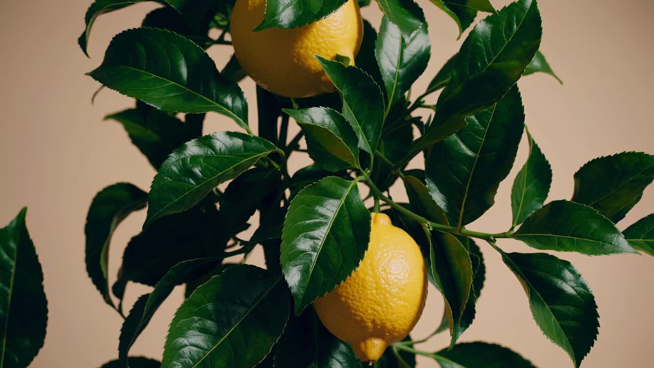 Video ravvicinato di un albero di limoni con foglie verdi vivaci e limoni maturi.