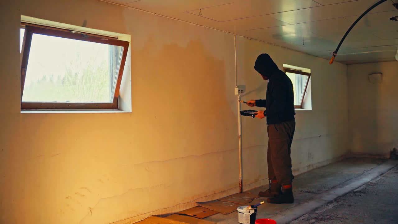 Portræt af en mand, der påfører første lag grunder under renovering. Timelapse.