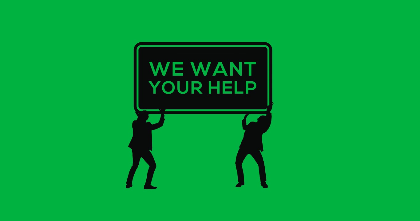 People icons holding a we want your help text banner against transparent background