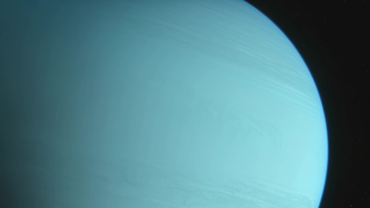 Telecamera panoramica che mostra un pianeta blu-verde che si sposta nello spazio per rivelare il suo bordo illuminato e deboli fasce di nuvole.