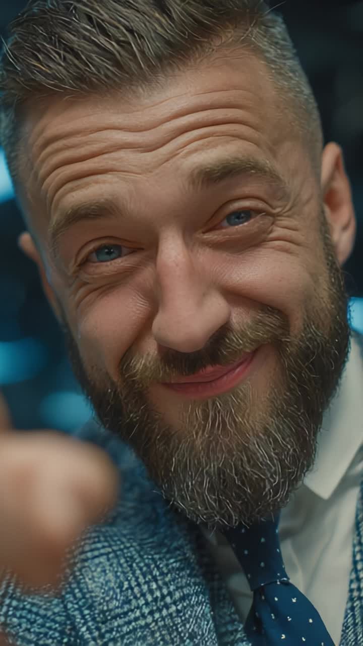 Un uomo carismatico con una barba elegante e un abito ben tagliato fa un cenno di approvazione, trasmettendo sicurezza e cordialità in un ambiente luminoso
