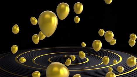 Animation-of-gold-balloons-over-pattern-on-black-background