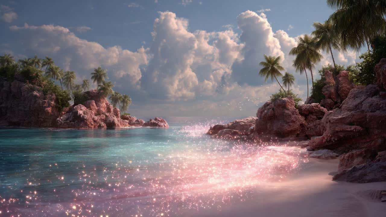 A Serene Tropical Beach Scene at Dusk with Gentle Waves and Lush Palm Trees Framing a Calm, Sparkling Ocean Against a Colorful Sky