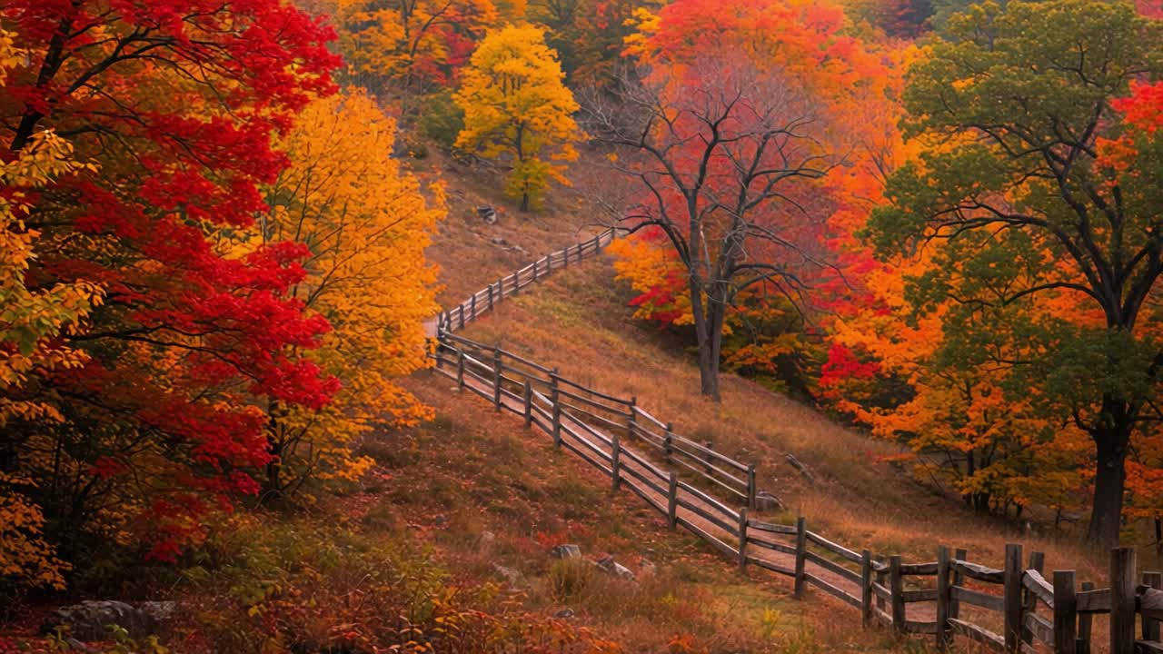 A Serene Autumn Landscape Showcasing Vibrant Red, Orange, and Yellow Foliage Along a Winding Pathway Surrounded by Lush Trees and Natural Beauty