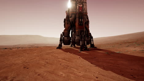 martian base with a spacecraft landing on the red planets surface at dawn