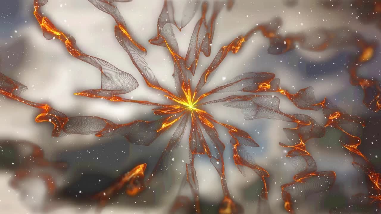 오렌지색 연기 트레일, 구름 및 파란 하늘 위에 떨어지는 눈의 애니메이션