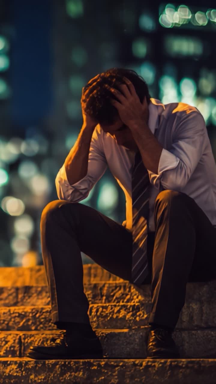 Un uomo frustrato in abito da lavoro si siede sui gradini di notte, alle prese con pensieri opprimenti sullo sfondo delle luci urbane