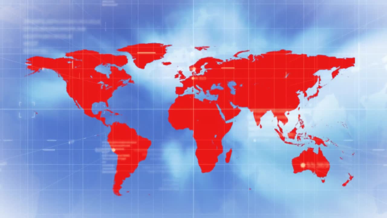 세계 지도 및 데이터 처리에 대한 코로나 세포의 애니메이션