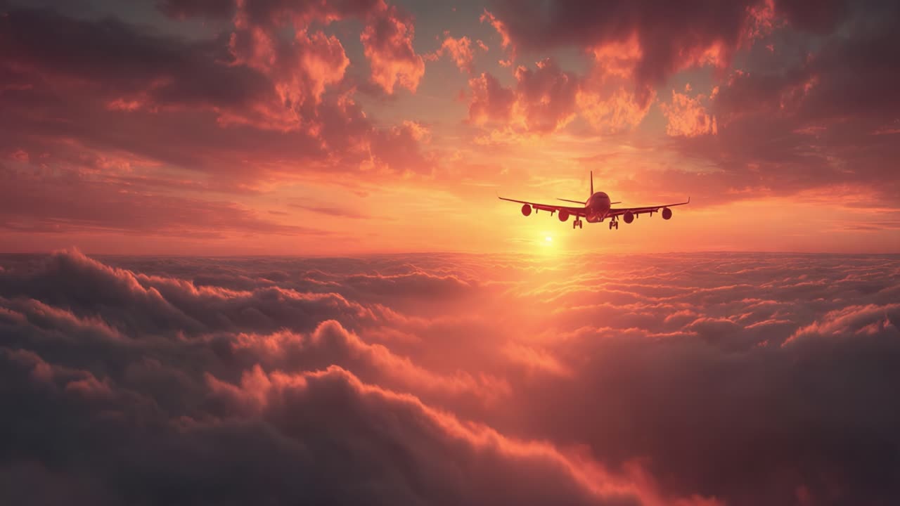A Majestic Aircraft Soaring Through Vibrant Sunset Clouds: Capturing the Traveler's Dream Across the Expansive Sky Beyond the Horizon