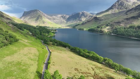 aerial view over buttermere lake, lake district, cumbria.