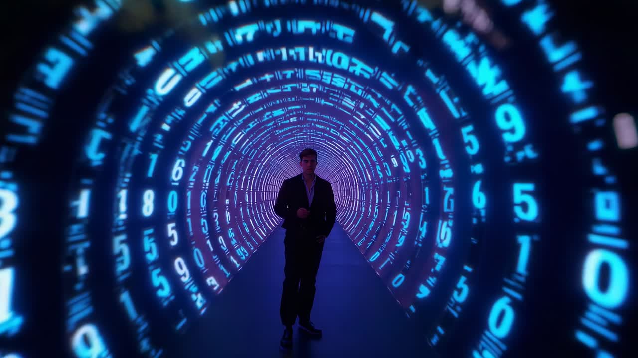 Man wearing blazer walking through exhibit tunnel as digits speed up, with LED alphanumeric rings