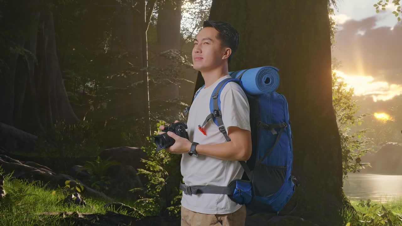 숲 에서 산책 하고 사진 을 찍는 사람