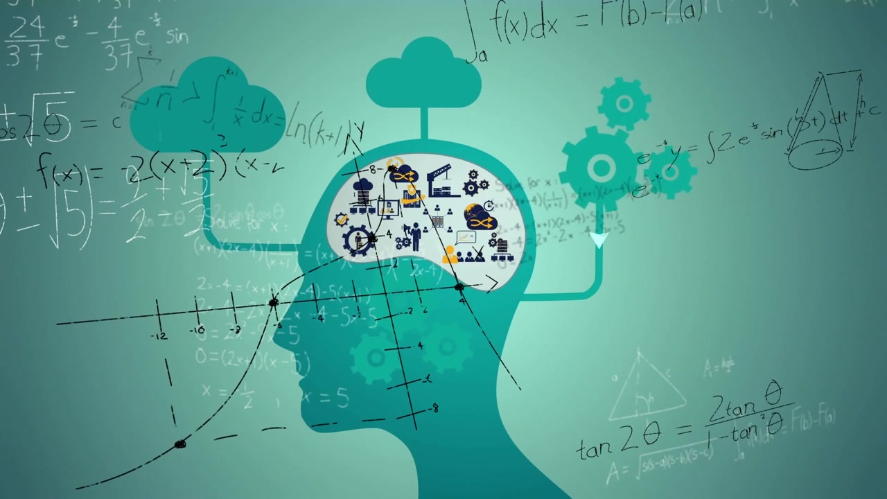 Animation of cogs over human head silhouette and icons with mathematical equations