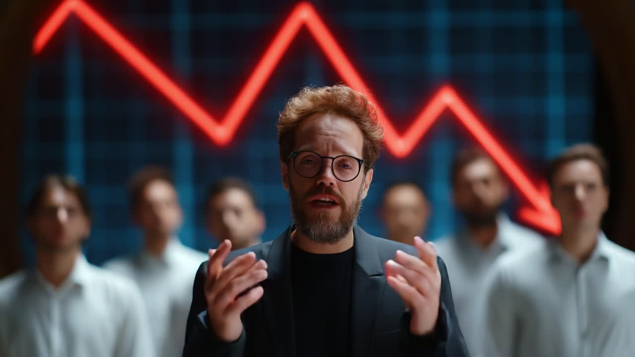 A charismatic speaker stands confidently in front of a visually striking downward-trending graph, delivering a compelling message while surrounded by an attentive group, illustrating insights and analysis