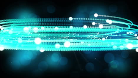 animation of glowing blue network of lights spiralling on black background