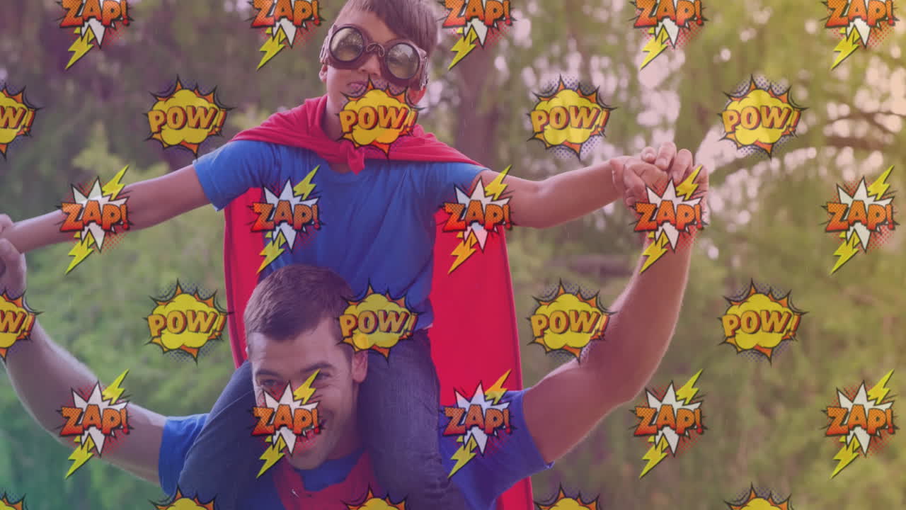 슈퍼히어로 의상을 입은 행복한 백인 아버지와 아들의 만화 아이콘의 애니메이션