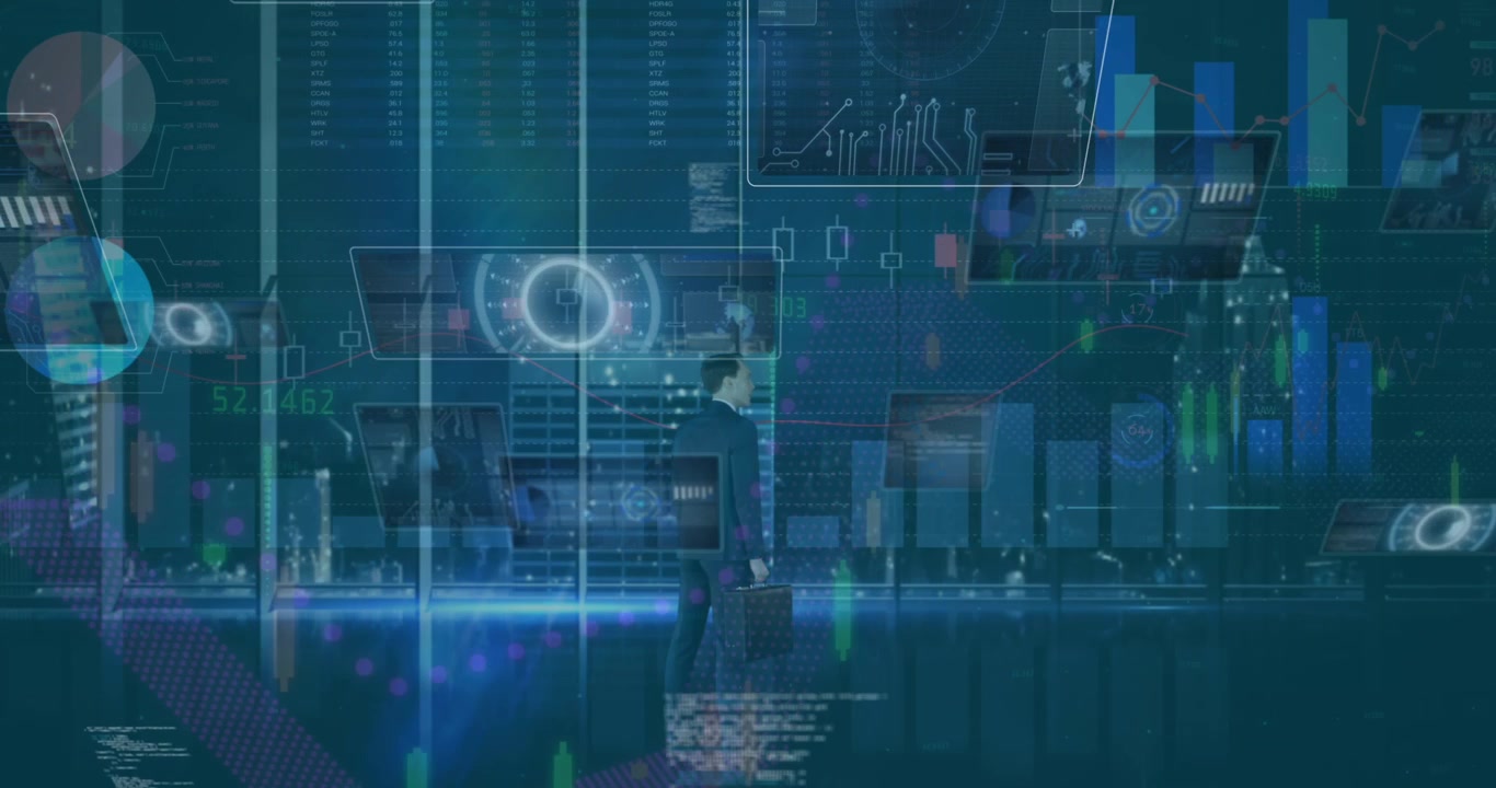 Animation of data processing on blue digital screen