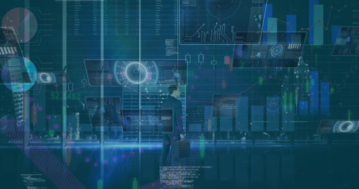Animation of data processing on blue digital screen