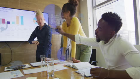 animation of data processing over diverse business people in office
