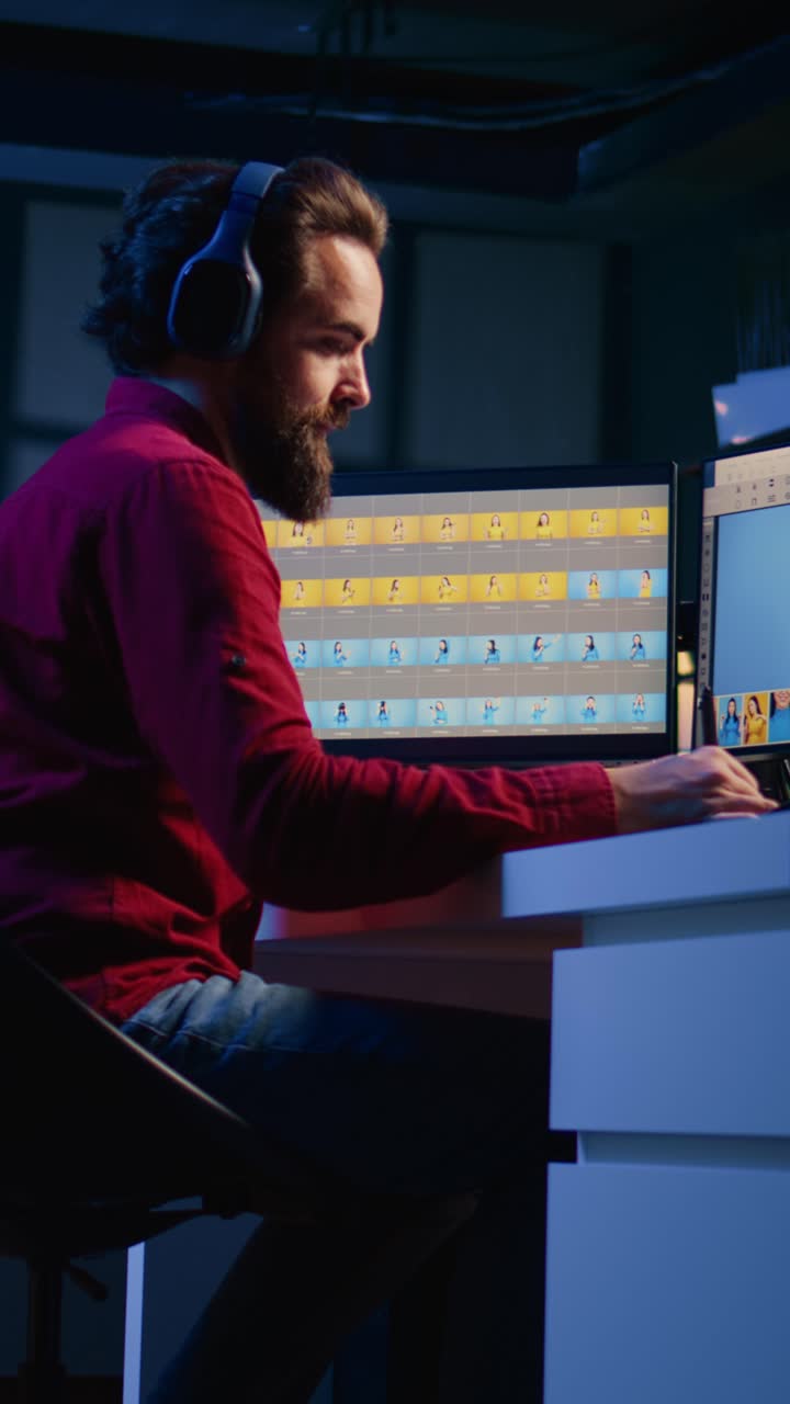 Vertical video Expert editing photos in advertising agency office using stylus on graphic tablet