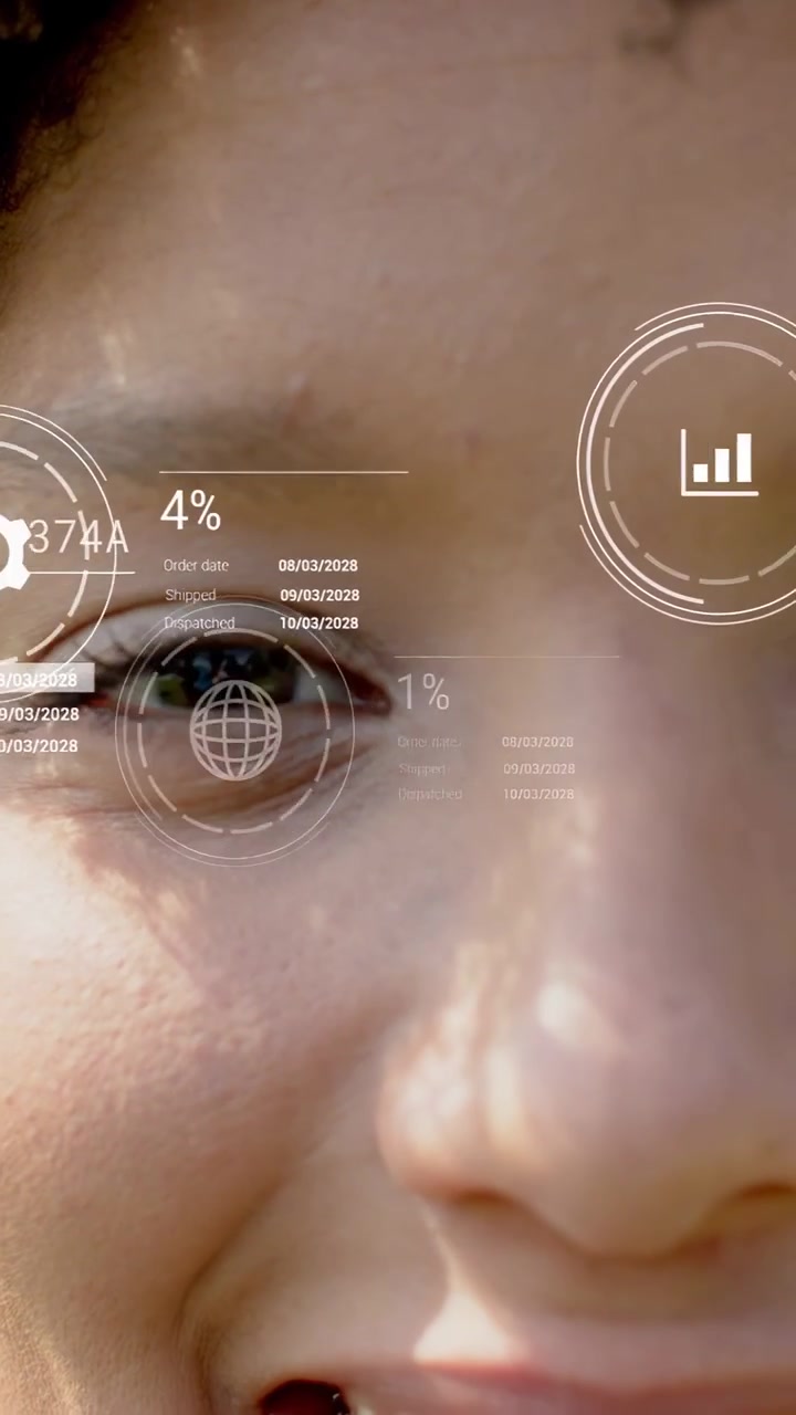 Vertical video: Woman gazing as AR tech overlays showing IDs and % bars checking orders and smiling