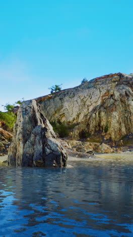 rocky beach with blue sky and calm water