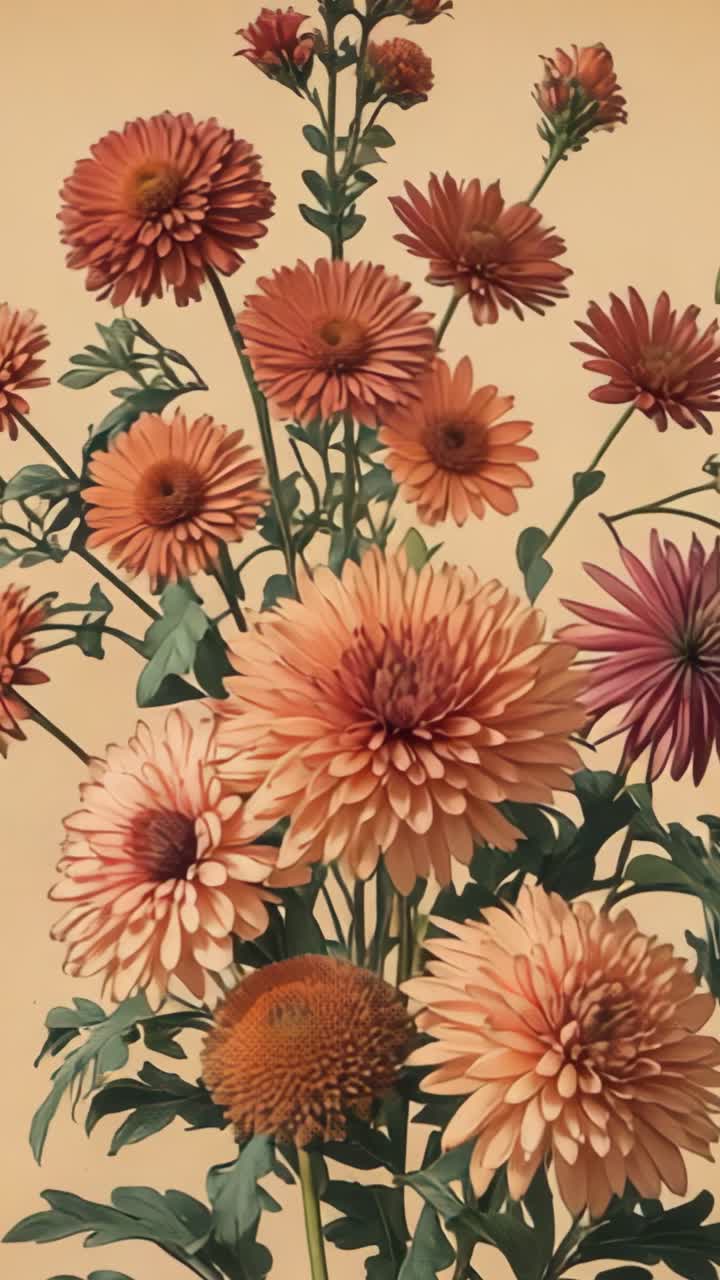 Video verticale: inquadratura iniziale della fotocamera che mette in risalto un bouquet di crisantemi arancioni in un vaso su uno sfondo beige