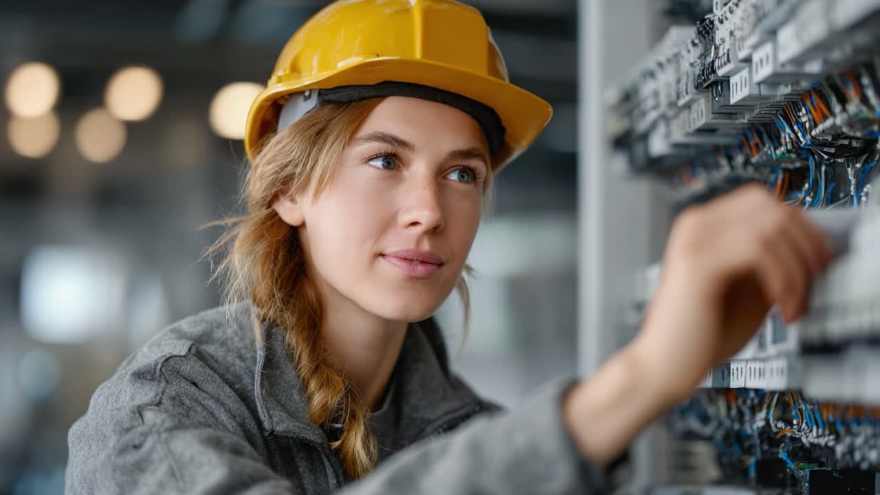 Focused Electrical Technician in Hard Hat Observing Wiring Connections in Controlled Environment, Illustrating Skills and Concentration on Technical Task in Modern Workshop Setup