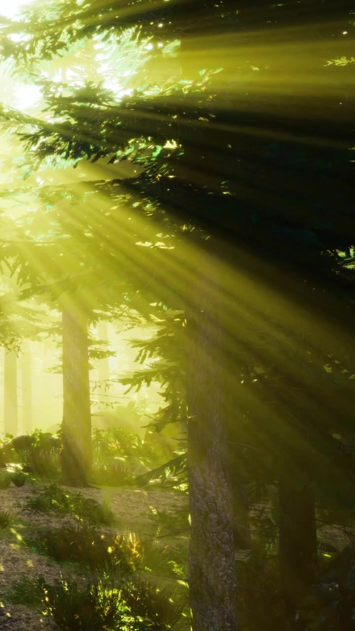 Bright sun rays shining through trees in a dense forest during the morning