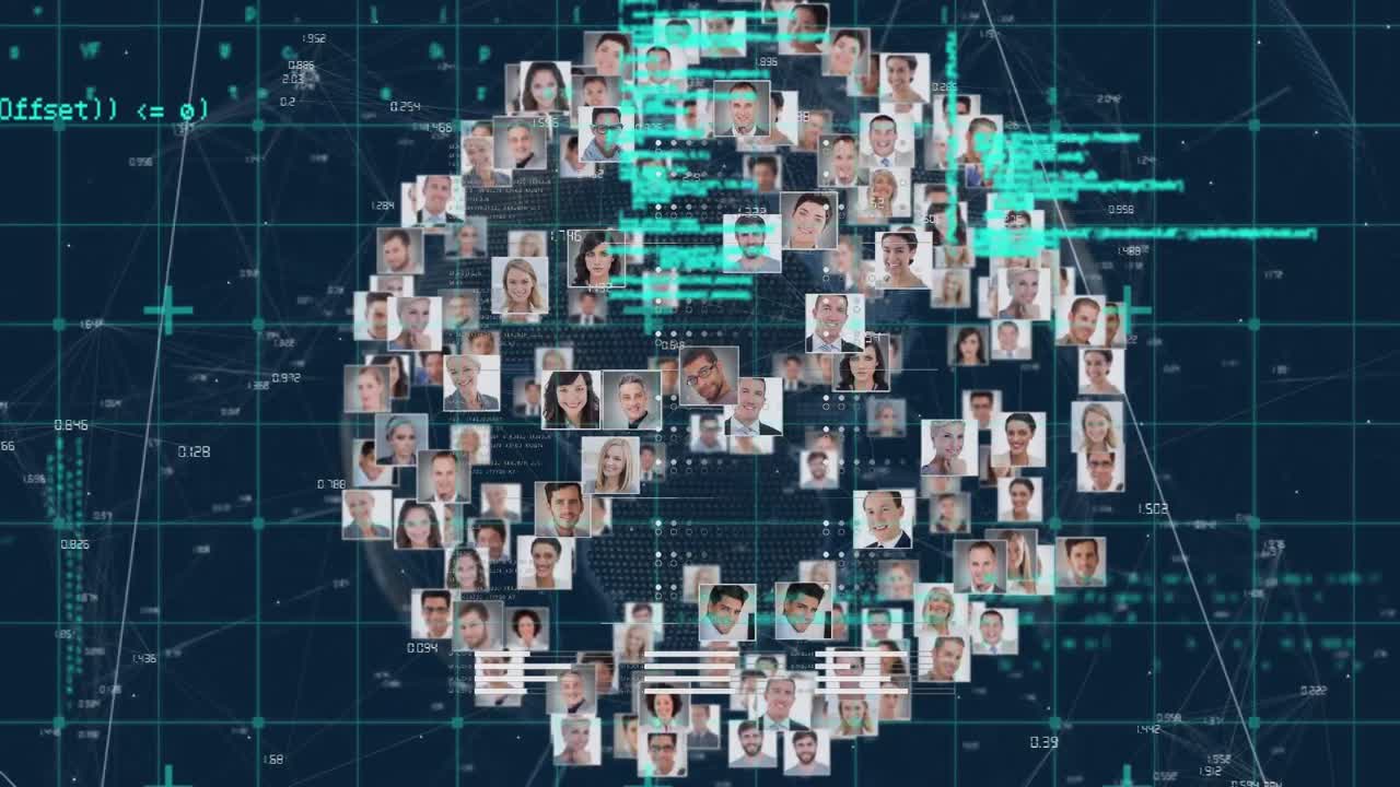animación del procesamiento de datos y redes de conexiones sobre molienda