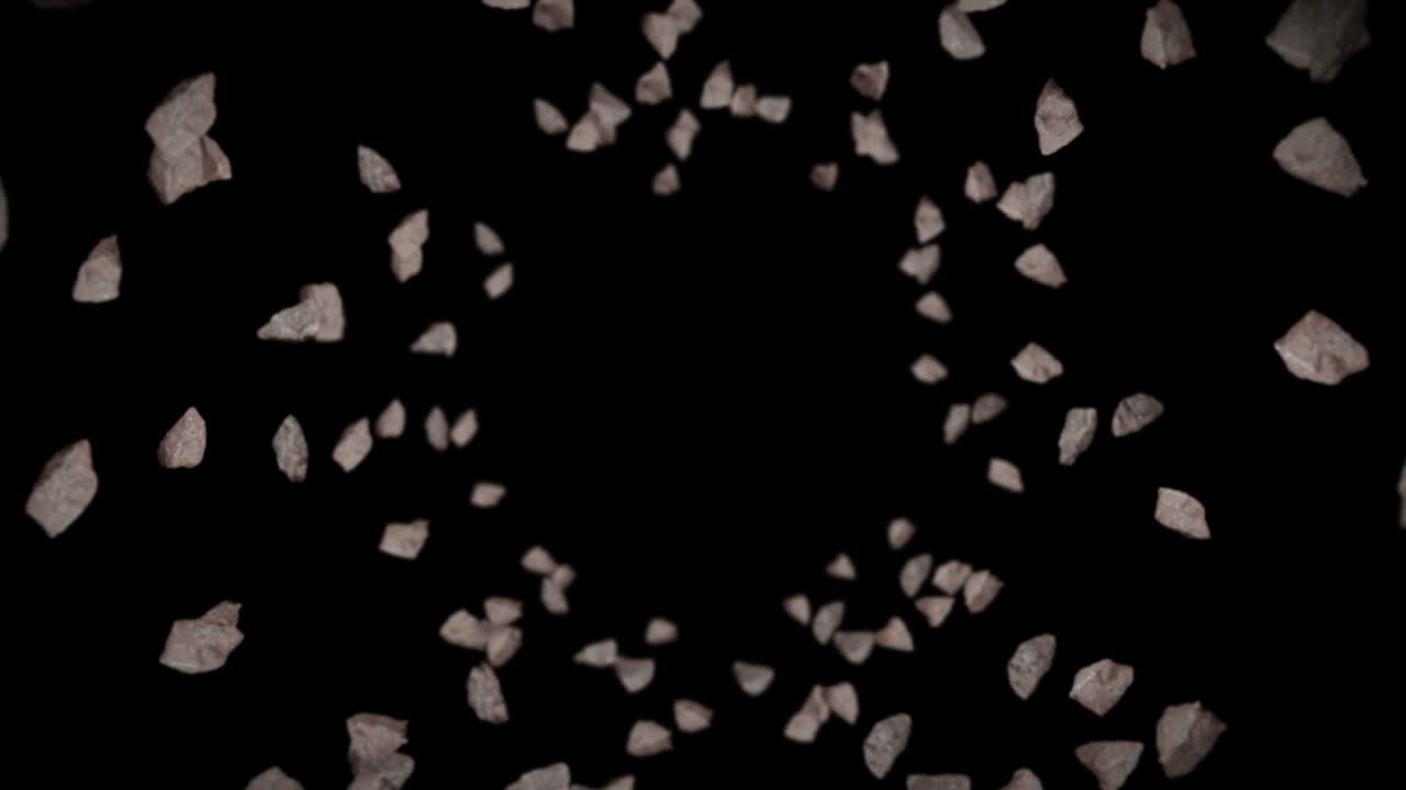 검은 바탕에 많은 바위 돌을 날아. 깨진 스플래시 폭발. 도전 개념. 돌 스플래쉬 회전의 3d 애니메이션. 루프 애니메이션.