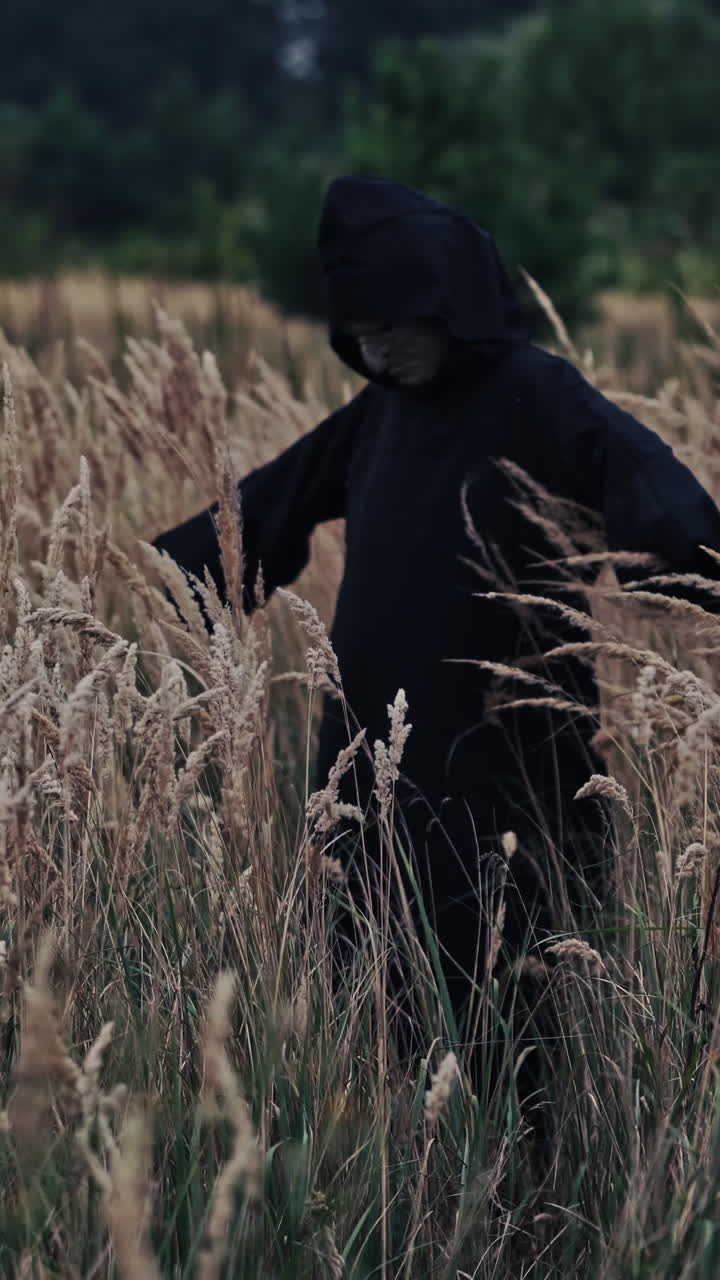 Black death in the field in autumn. Scary view of a witch evil turning around itself outdoors. Dark wizard among nature. Vertical video