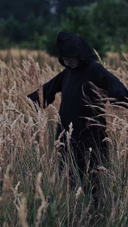 black death in the field in autumn. scary view of a witch evil turning around itself outdoors. dark wizard among nature. vertical video