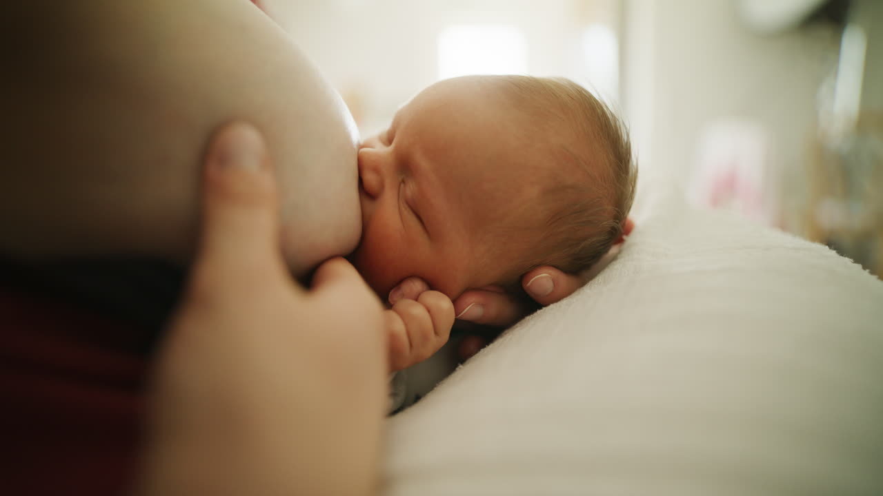Young Mother Breastfeeding Newborn Baby Close-Up