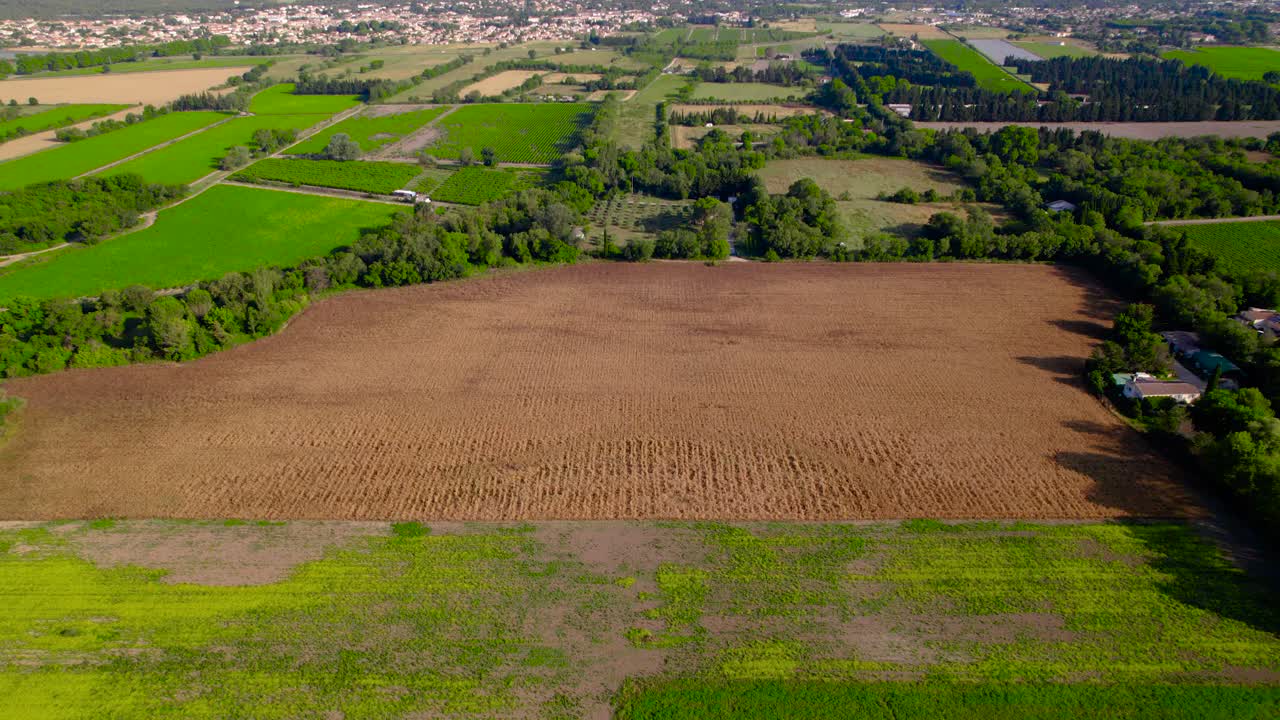 Aerial tilting shot revealing a wheat field ready for harvesting in France