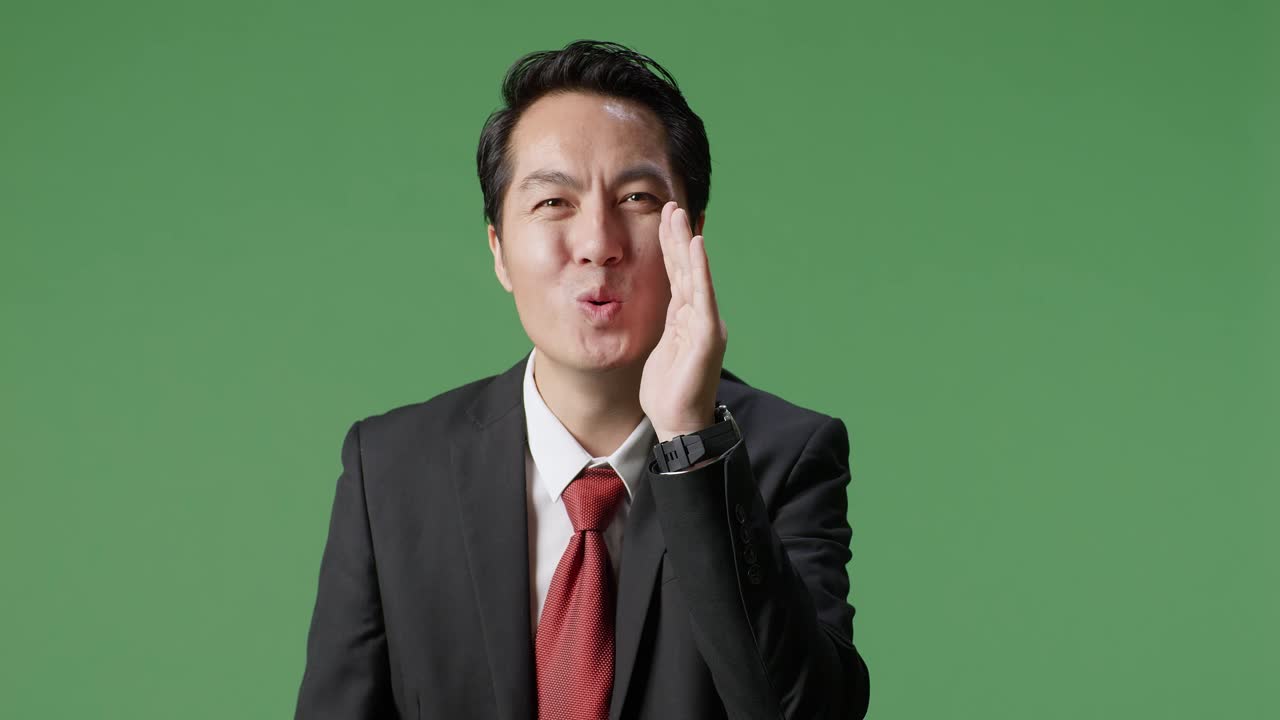 스튜디오에서 녹색 스크린 배경에 ooh 얼굴을하는 아시아 사업가