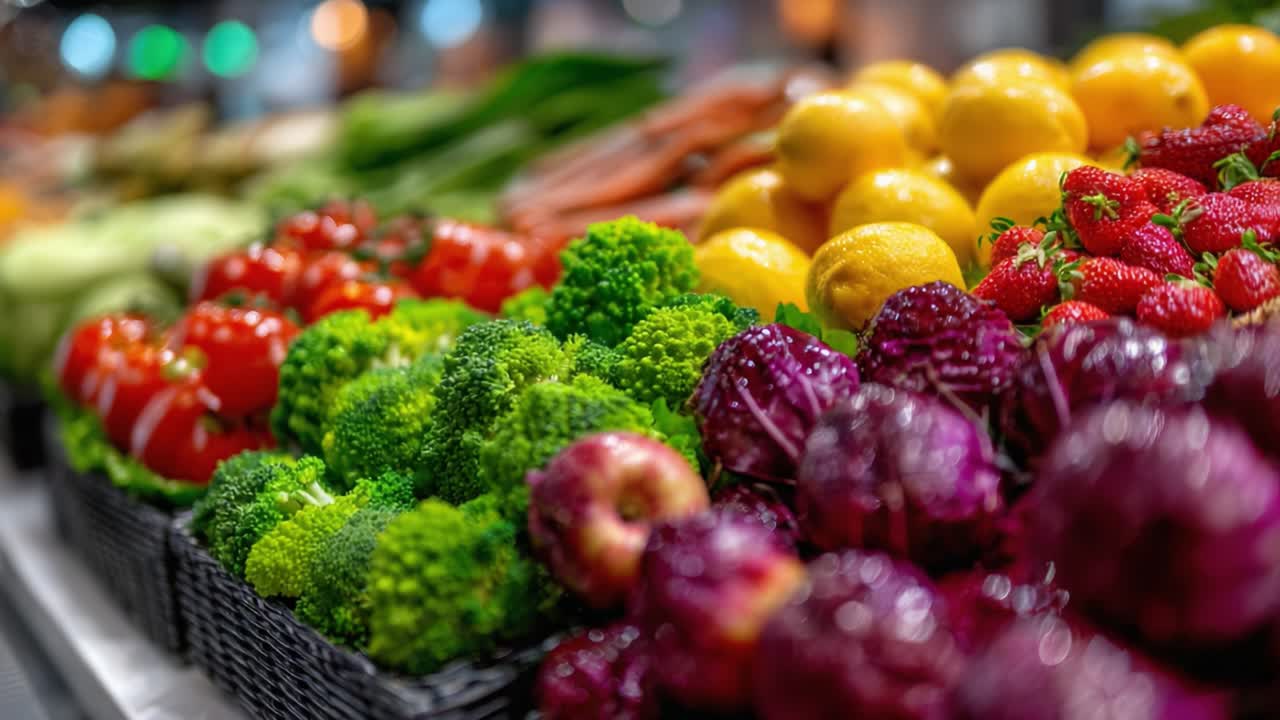 A Vibrant Display of Fresh Produce: A Colorful Array of Fruits and Vegetables Showcasing Nature's Bounty in a Market Setting