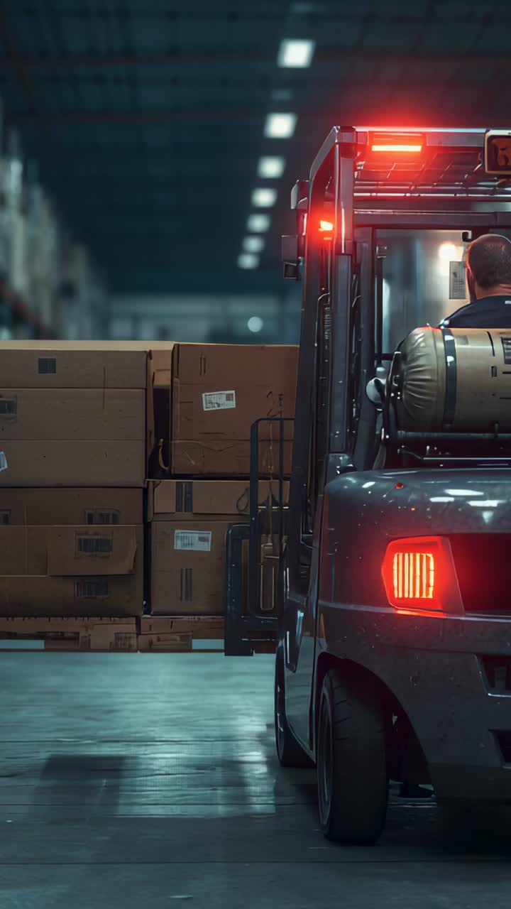 Vertical video: Starting forklift edging in warehouse aligning forks to lift pallet, copy space
