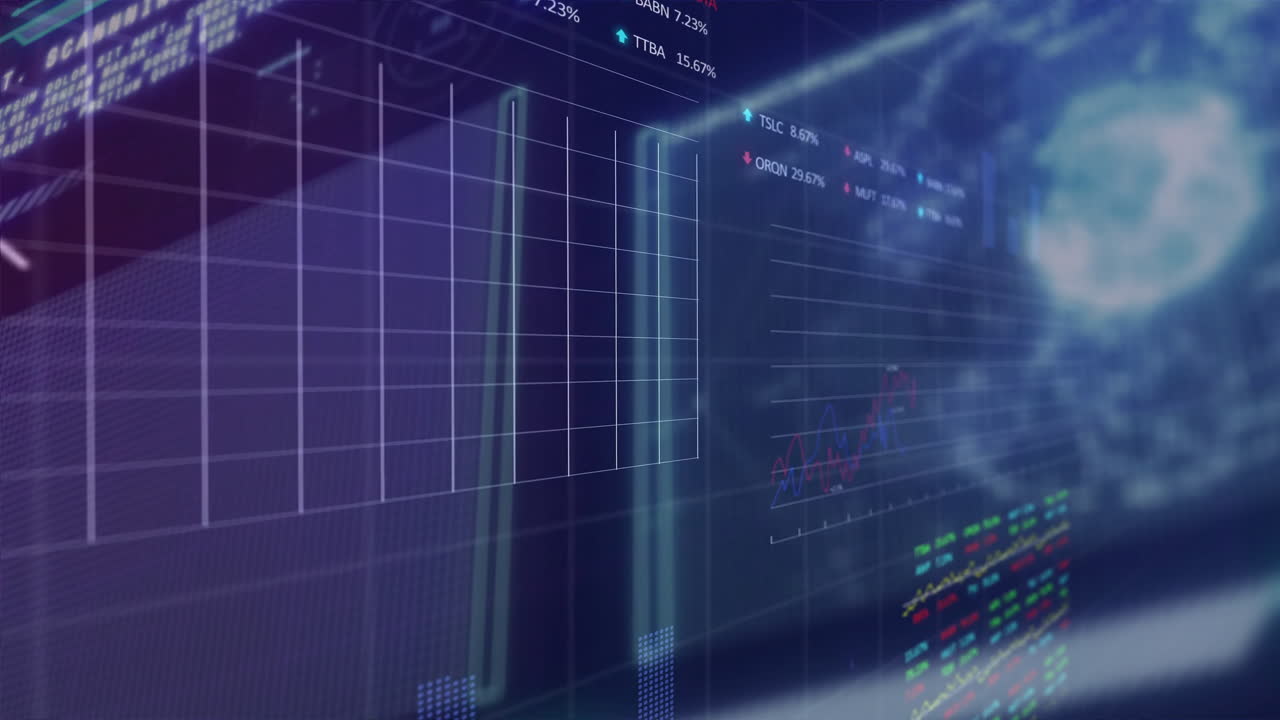 Animation of statistics and data processing over dark background