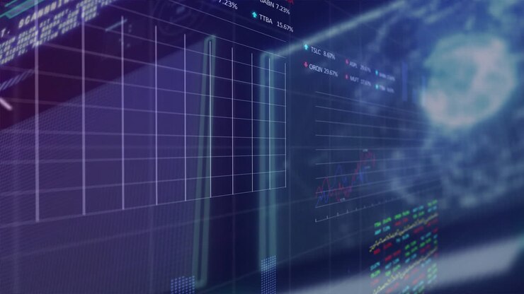 Animation of statistics and data processing over dark background