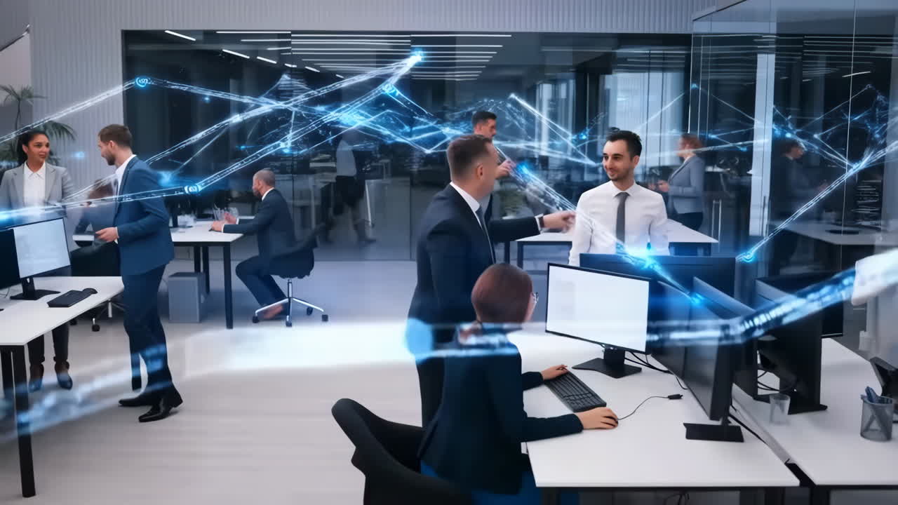 Business Professionals Collaborating in a Modern Office with Digital Network Overlays