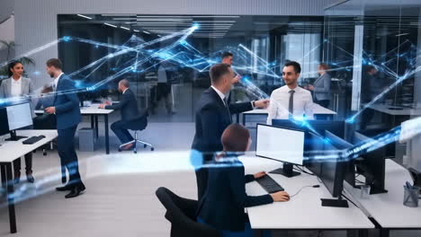 business professionals collaborating in a modern office with digital network overlays